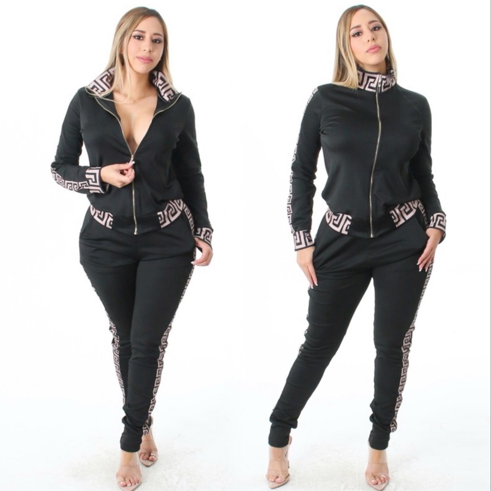Stylish Black Top and Pant Set with Patterned Trim